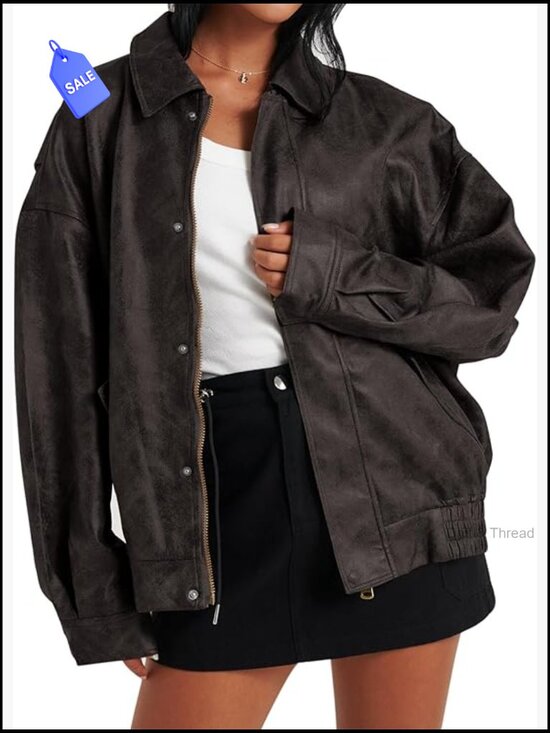 Jackets & Blazers - Oversized Faux Leather Bomber Jacket Trendy Zip Up Moto Coat